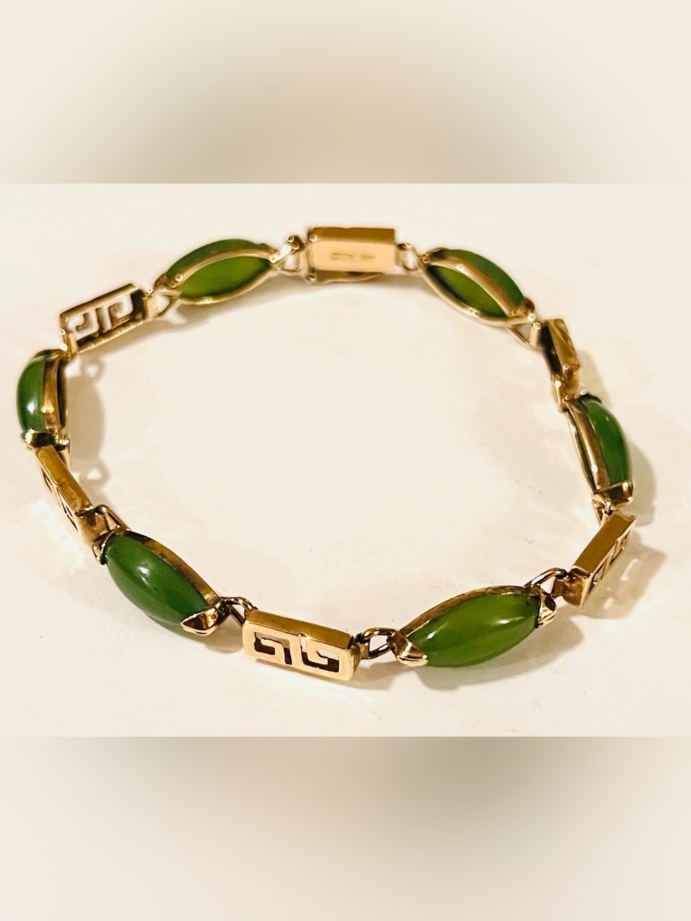 Vintage Chinese Export Vermeil Greek Key Jade Bracelet 7.25"